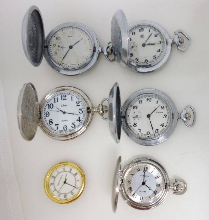 6 pocket watches: 6 pocket watches- Collezio; Hamilton (face only, no case); Geneva quartz; Russian Marhur CCCP 1941-1945; Russian Marhur; & Russian Marhur CCCP. N/W