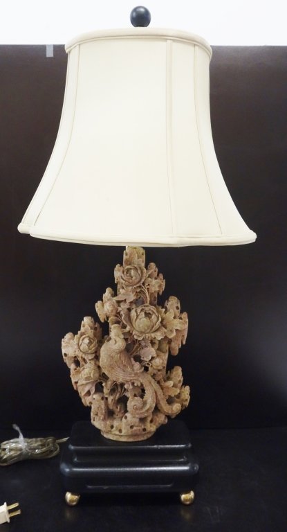 Oriental Soapstone carved lamp: Oriental Soapstone carved lamp. 29 inches high