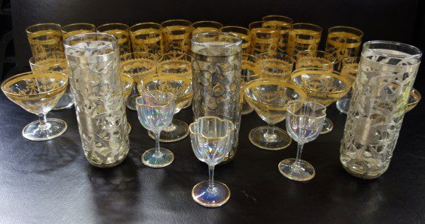 32 crystal glasses including Taxco silver overlay glass (1 of 8)