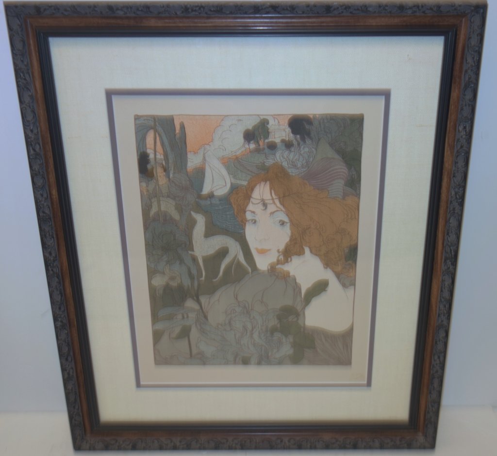 Art Nouveau woman print: Art Nouveau woman print by Georges de Feure with bind stamp. 22 x 19