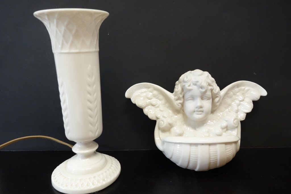Lamp & Belleek Angel planter: Lamp (no marking) & Belleek Angel planter. 10 inches high.