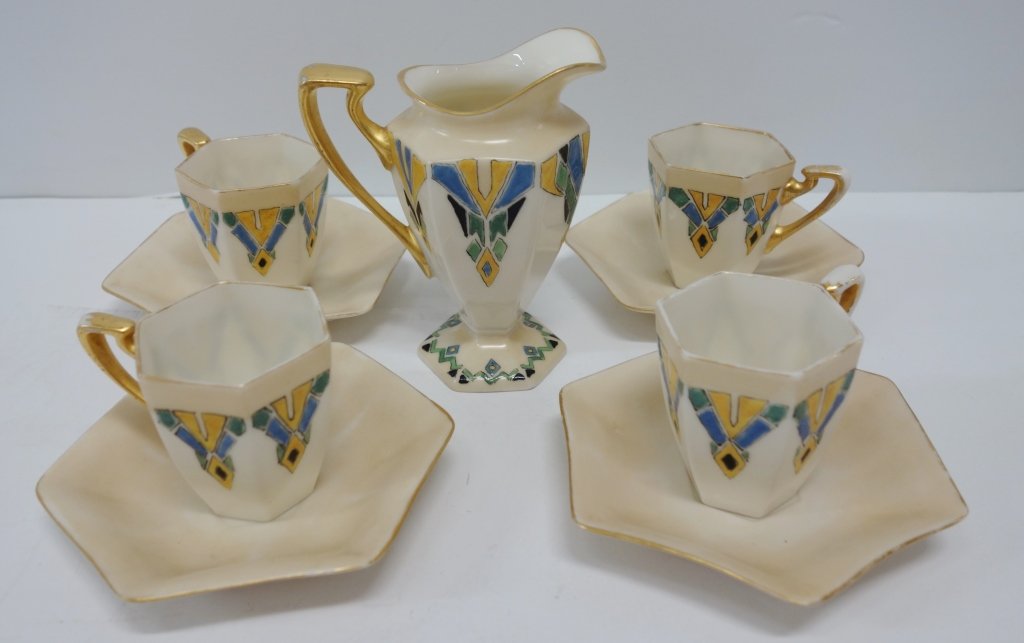 9 piece Belleek pitcher, cups, saucers (1 of 5)