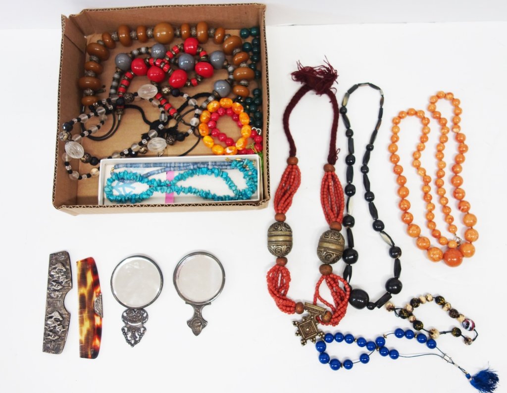 Collection of costume jewelry including beaded ne: Collection of costume jewelry including beaded necklaces, hand mirrors; comb.