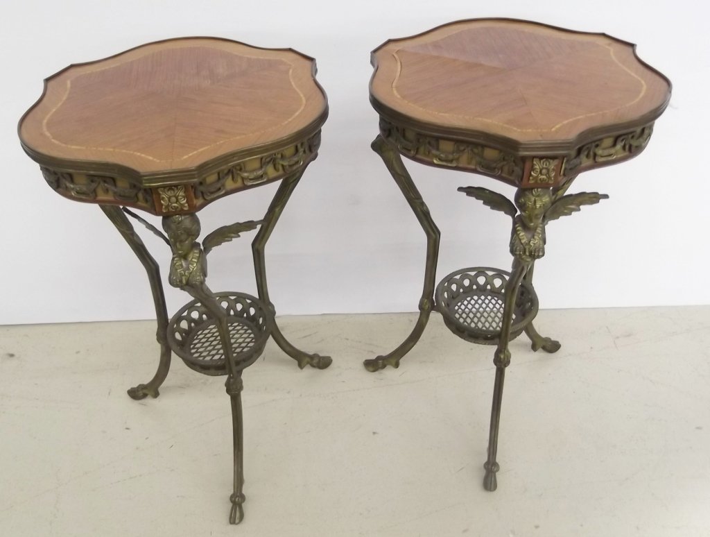Pair French style bronze & inlay end tables (1 of 6)