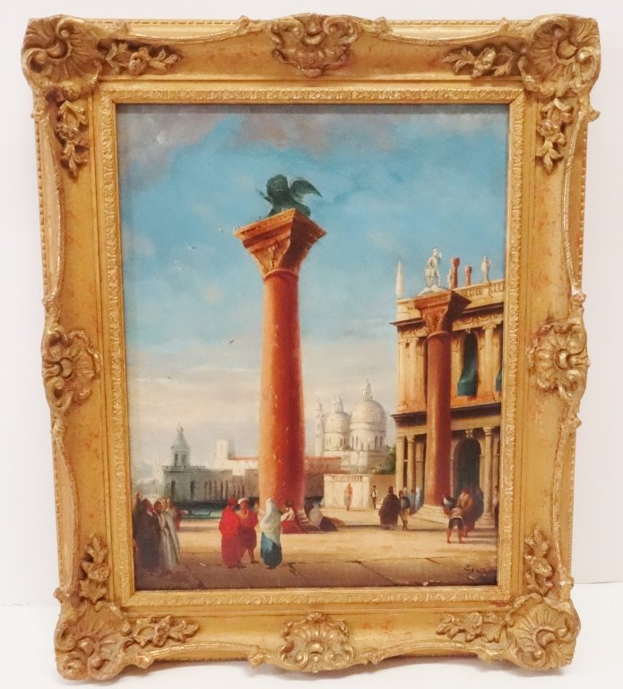 Oil on canvas signed J. Salt: Oil on canvas of St. Marks square signed J. (James) Salt. 18 1/2 x 23