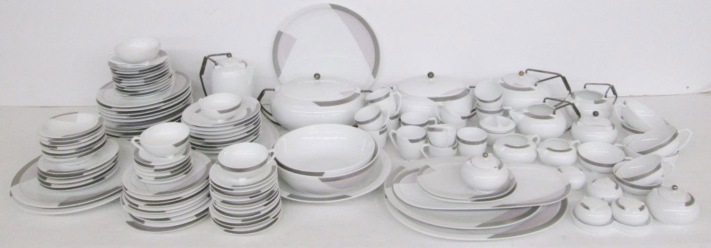 124 piece set Stream line by Bernardaud Limoges: 124 piece set Stream line by Bernardaud Limoges. Largest measures 13 1/2 x 6 1/2