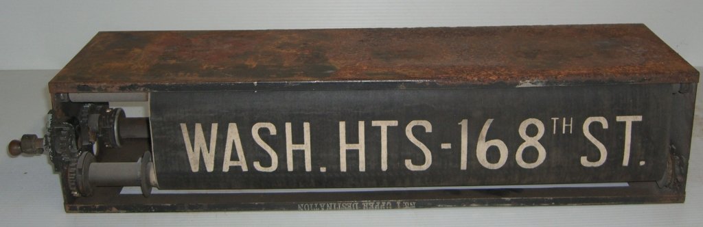 NYC subway rolled train sign: NYC Manhattan subway rolled train Wash. Hts- 168th St. double sided sign. 30 inches long x 8 inches wide x 6 inches high.