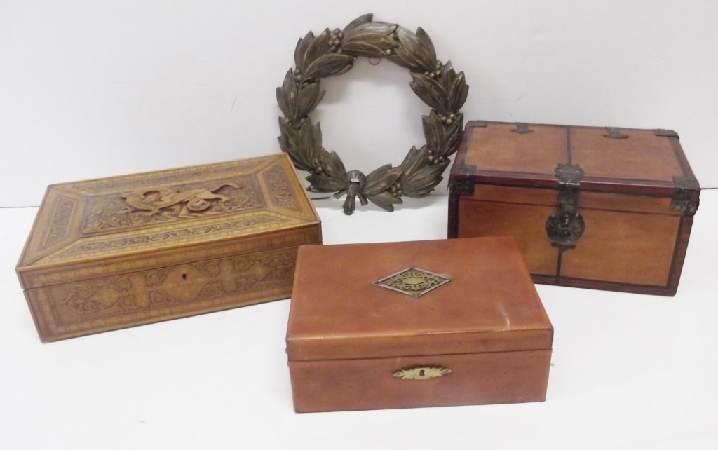 Collection of boxes & playing cards: Collection of boxes, playing cards & frame. Chip to frame.