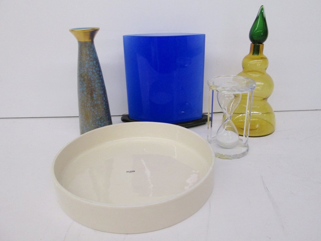 5 piece glass lot: 5 piece glass lot including bowl; bases. Names include Michael Wright; Alessi.