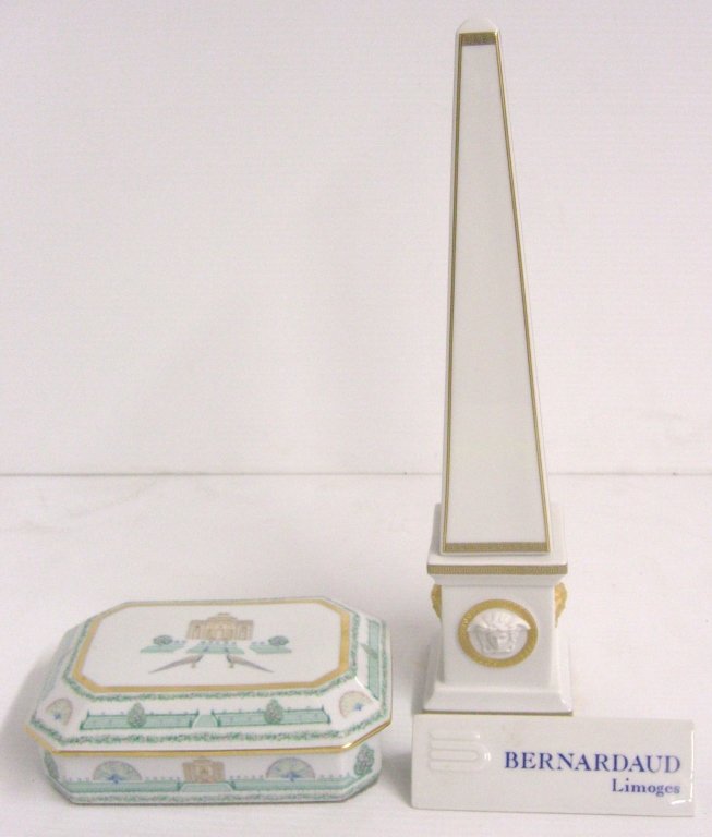 3 piece lot: 3 piece lot including Rosenthal covered box; Bernardaud Limoges Obelisk & plaque. Largest measures 8 inches wide x 6 inches deep x 2 inches high.