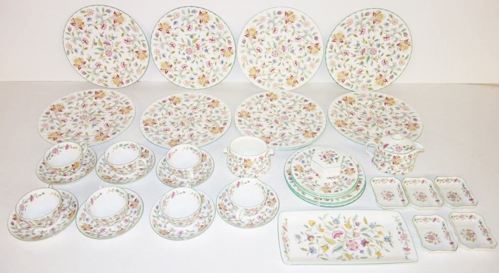 34 pieces Haddon Hall Minton plates/cups: 34 pieces Haddon Hall Minton Bone China designed by John Wadsworth plates, saucers, sugar, creamer, cups.