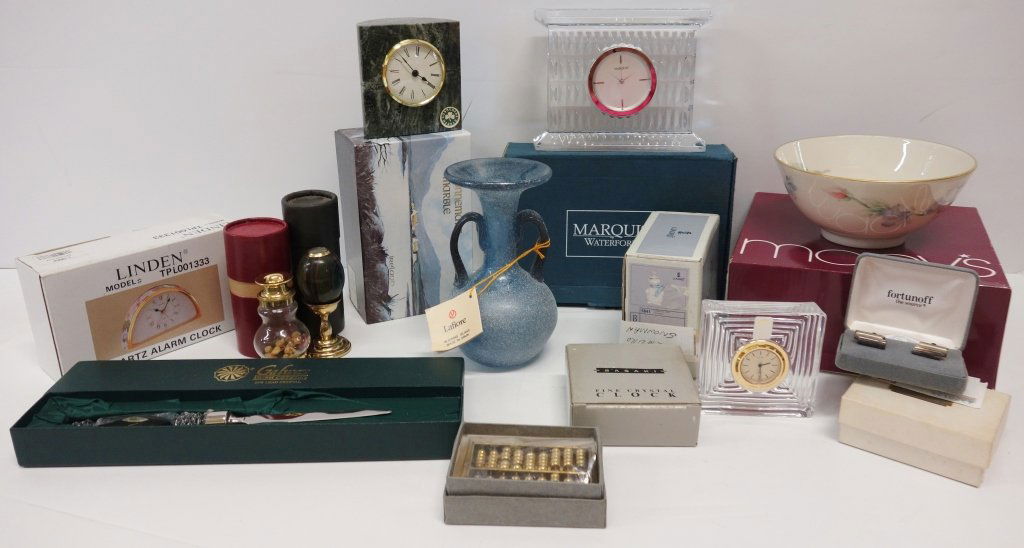 13 pieces clocks, vase, hand mirrors: 13 pieces lot including Sasaki crystal clock; Galway Irish crystal knife; Marquis Waterford clock , vase, hand mirrors, comb