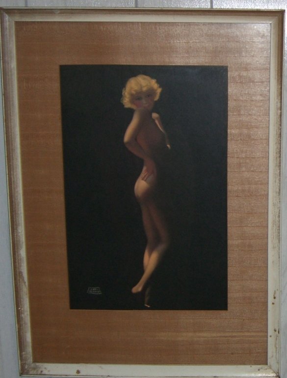 Woman nude print by Earl Moran: Woman nude print by Earl Moran. Frame chipped. 15 inches wide x 21 inches high.
