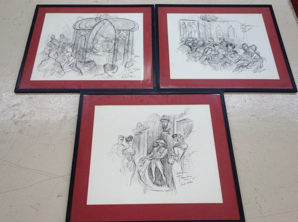 3 etchings of Sid Allen dining room: 3 etchings of Sid Allen dining room, views from "One of the bird cages in the bar", "A corner of the main dining room", & "Entrance to main dining room", all by John Groth?. 27 inches x 31 inches.