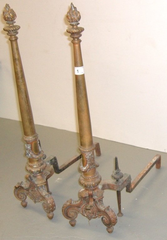 Pair of 1860's bronze French andirons: Pair of 1860's ornate bronze andirons. 33 inches high x 23 inches wide.