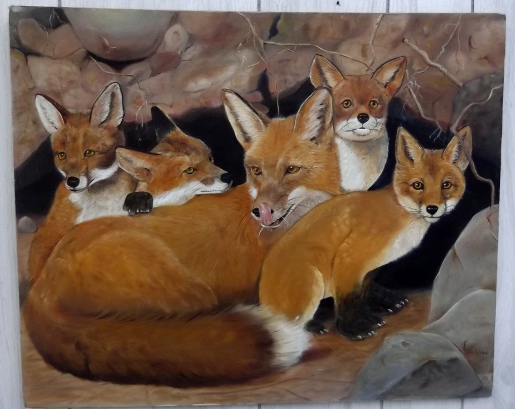 Oil on canvas of foxes Prisoner art: Prisoner art oil on canvas of foxes by James Callahan USP Leavenworth signed. 28 inches x 18 inches.