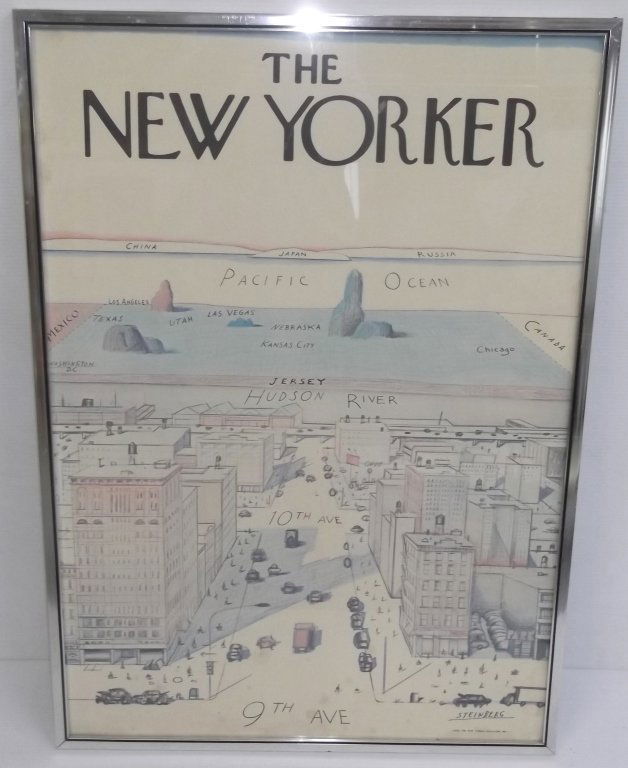 1976 The New Yorker Magazine poster: 1976 "The View of the world from 9th Ave" The New Yorker poster by Saul Steinberg (Romanian/American 1914-1999). Stains. 29 1/2 inches x 41 inches.