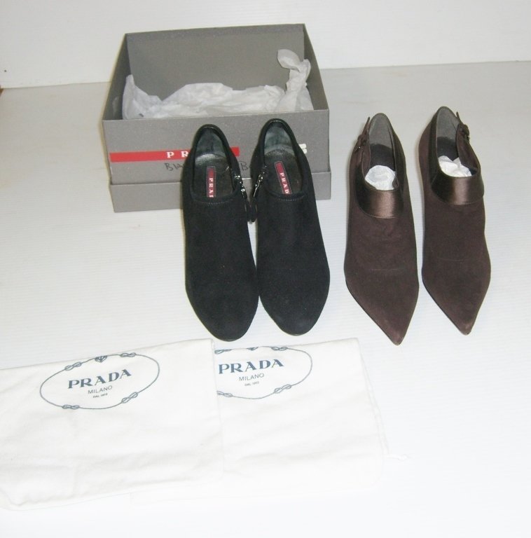 2 pairs shoes Prada & Stuart Weitzman: 2 pairs suede shoe boots including 1 pair black Prada with box & cloth bags; also 1 pair brown Stuart Weitzman made in Spain.