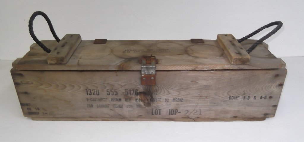 Vintage Wood Military Cannon Ammo box: Vintage Wood Military Cannon Ammo box marked "Ammunition for Cannon with Explosive Projectile". 33 inches x 10 inches x 9 1/2 inches.