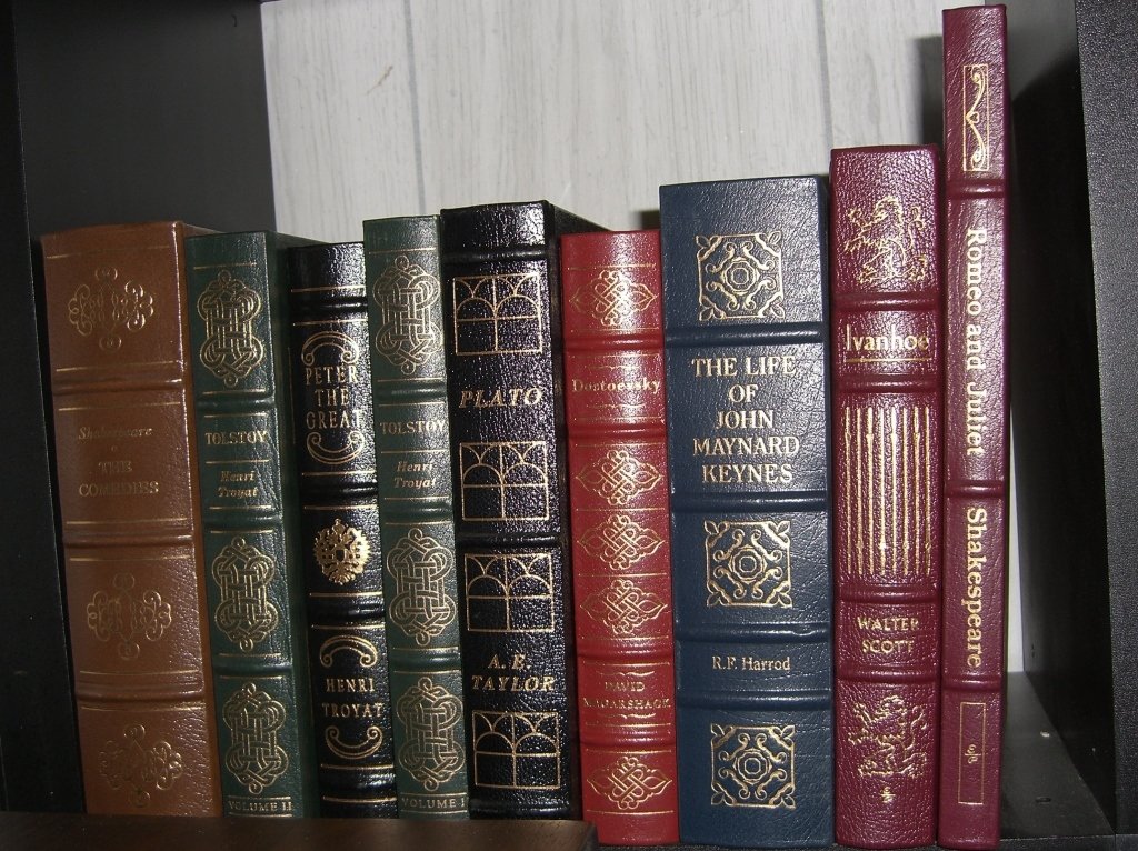 9 Easton Press books: 9 Easton Press books including Shakespeare The Comedies; 2 Tolstoy by Henri Troyat; Peter the Great By Henri Troyat; Plato; Dostoevsky; The Life of John Maynard Keynes; Ivanhoe by Walter Scott; Romeo 