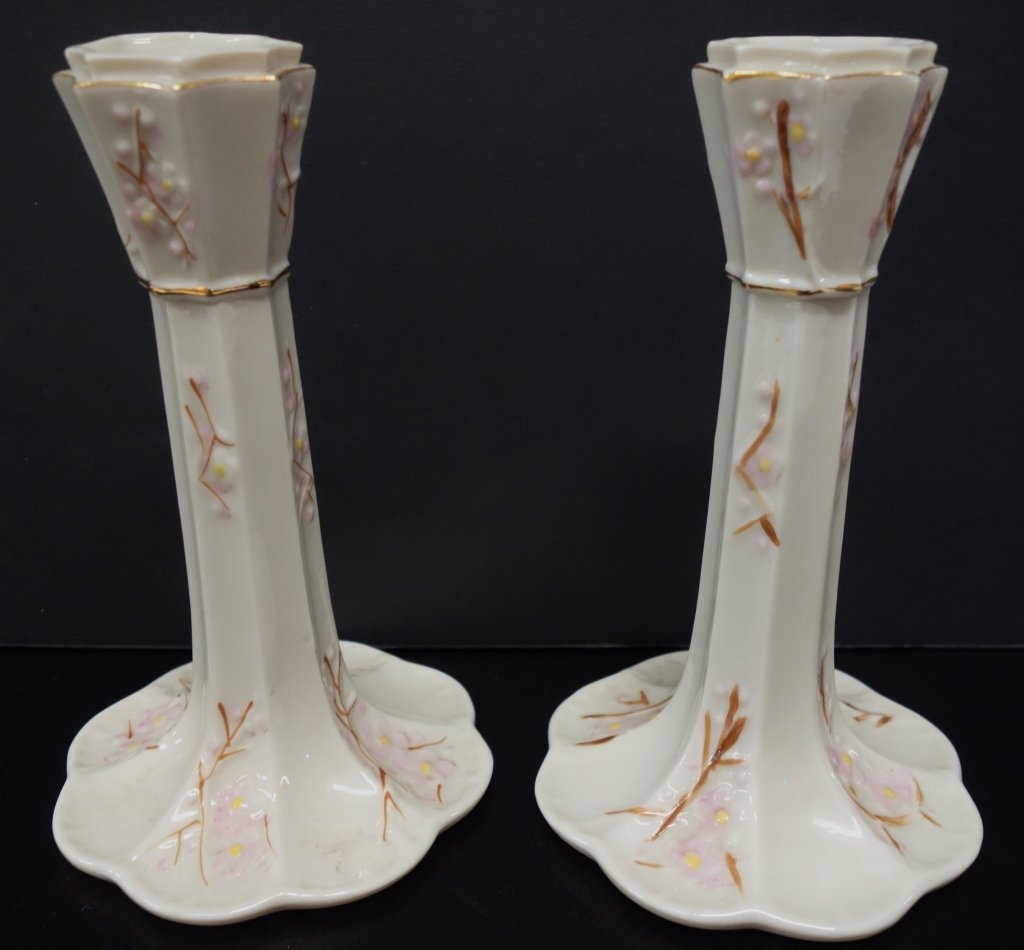 Pair of  Belleek pink Thorn candle holders (1 of 2)