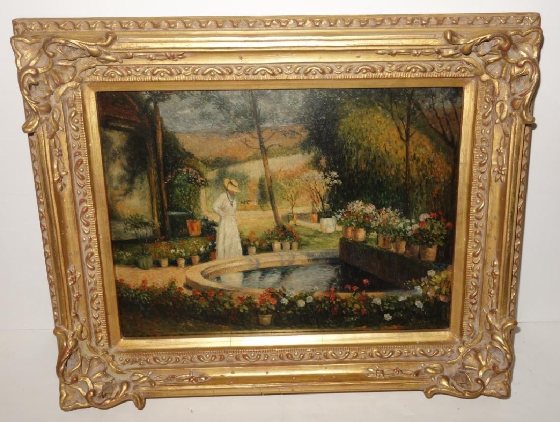 Oil on board woman in garden scene signed (1 of 2)