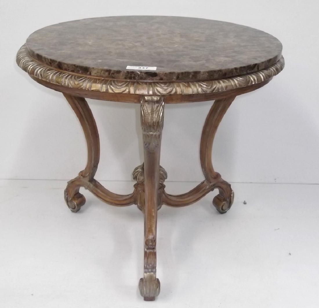 Ornate wood with marble top side table. (1 of 3)