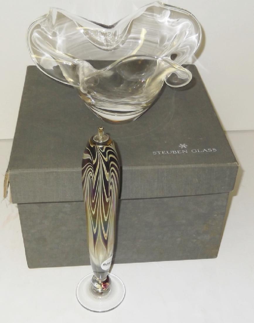 Steuben glass bowl & art glass oil lamp: Steuben glass bowl & Brian Maytum 1980 art glass oil lamp. Box measures 11 inches x 7 inches x 11 inches.