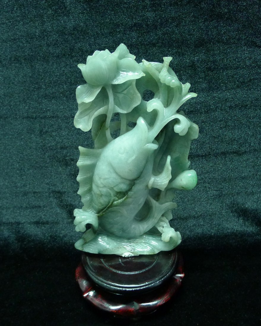 CHINESE JADE CARVING DECORATION: Chinese Jade Carving Decoration, design with lotus and fish, means rich every year. Size: 6.5" H, 3.6" W, weight: 520 g.