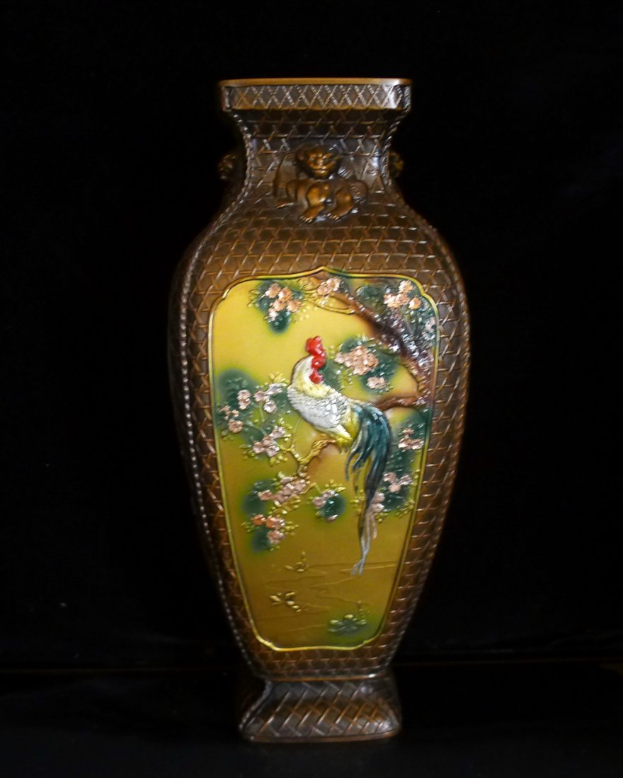 A Chinese Pb Painting Francs Quartet Bottle: 中國鉛畫法郎四方瓶 A Chinese Pb painting francs color Quartet bottle. Early 20th century. the ancient beasts and birds around neck of the bottle.