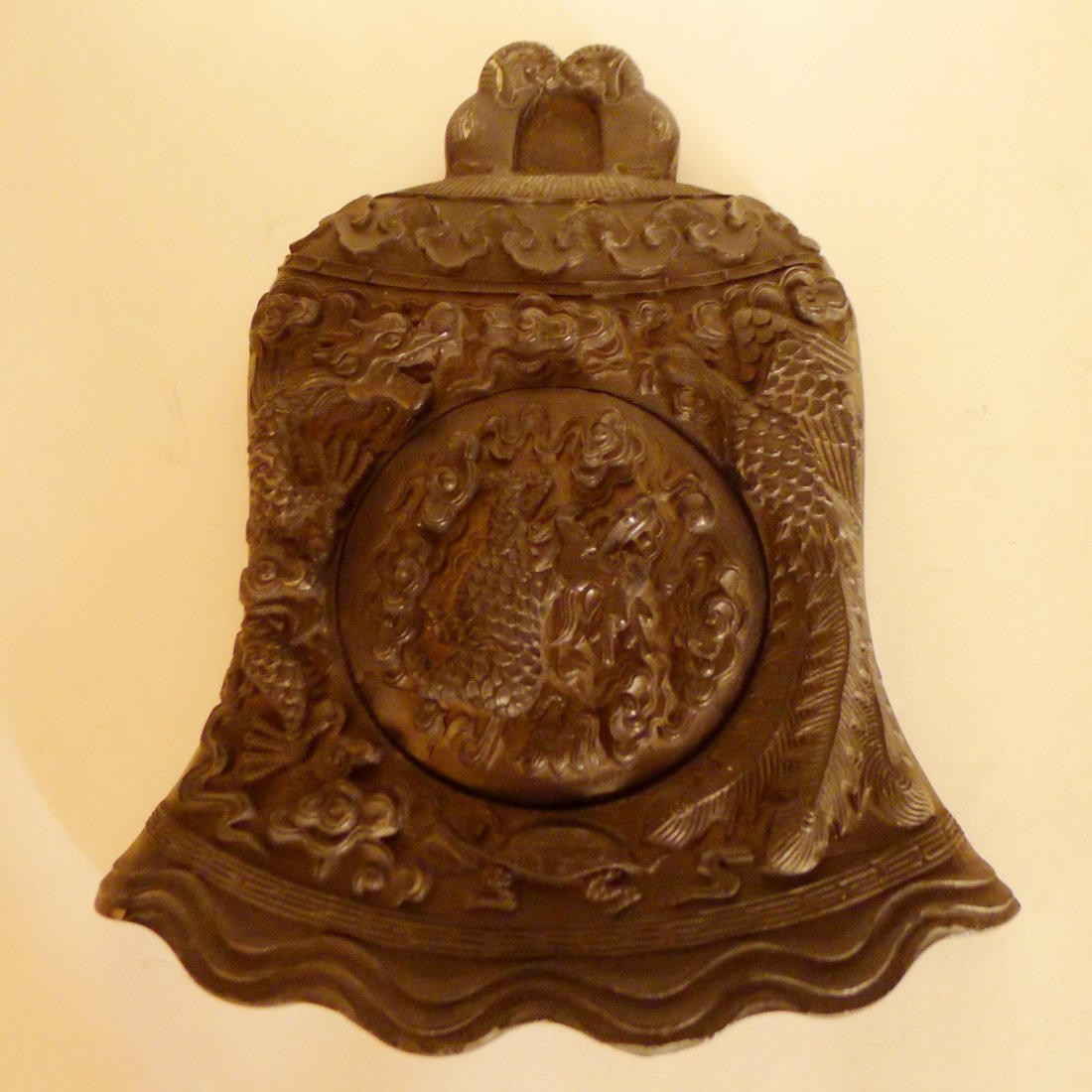 CHINESE CARVING INK STONE: 中國雕刻硯台Chinese carving inkstone, design with dragon, swan, cloud etc. mascot, size: 22 x 20 x 3 cm.
