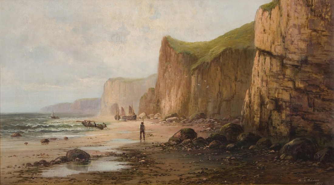 Sidney Yates Johnson (séc.XIX/XX): Figures and rocks at the beach. English school of the 19th century. Oil on canvas, signed and dated of 1899. Description (Portuguese): Praia com rochedos e figuras Escola inglesa do séc.XIX Óleo sob