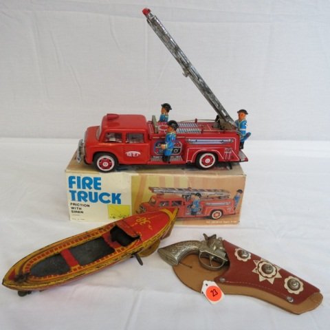 VINTAGE TOYS: 3 ASSORTED VINTAGE TOYS: FIRETRUCK W/ ORIGINAL BOX, BOAT, HUBLEY CAP PISTOL W/ HOLSTER