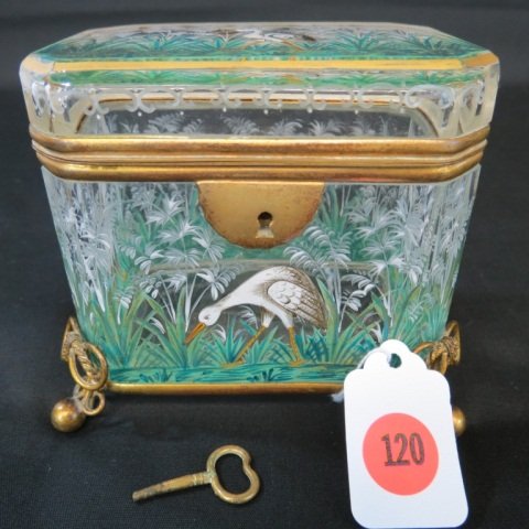 DRESSER: EARLY HANDPAINTED CRANE MOTIF DRESSER CASKET W/ KEY, POSSIBLY MOSER