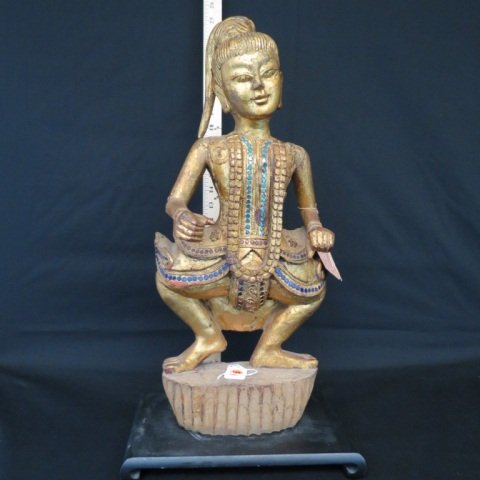 WOOD FIGURE OF NAT: CARVED GILT WOOD FIGURE OF A NAT, 20TH CENTURY THAI STATUE, 22 1/2", PROBABLY CAMBODIAN