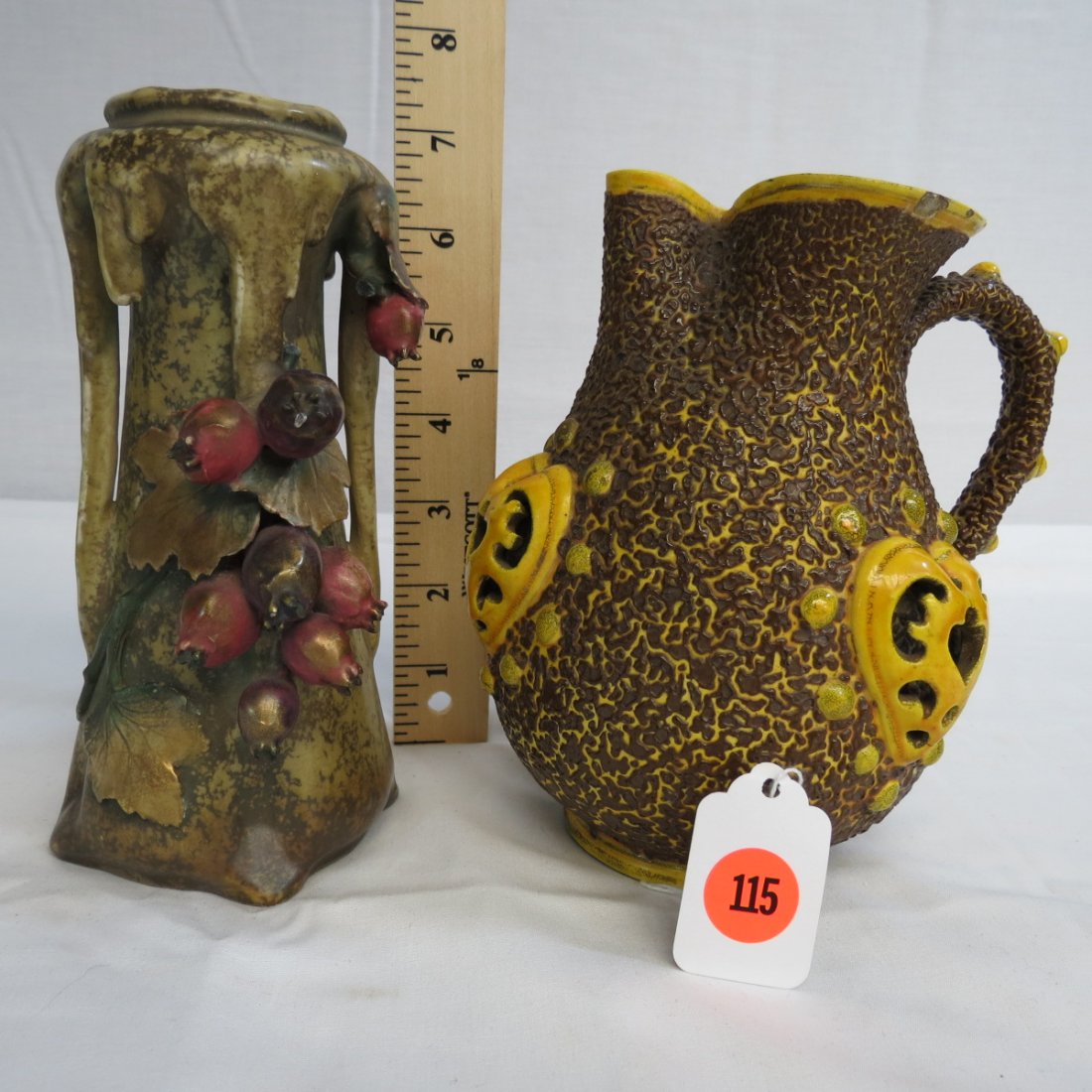 VASES: 2 ASSTD. AUSTRIAN AMPHORA POMEGRANATE FLORA FORM VASE, ORIENTAL GARDENS, JACKSONVILLE, FL & 1 STONEWARE ART POTTERY SERVE PITCHER W/ APPLIED HEART SHAPED DECORATION