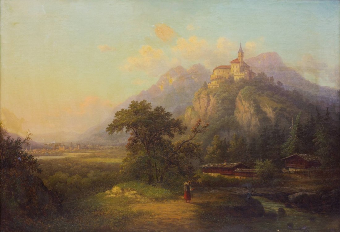 Johann August (um 1800-1878), Blick auf Burganlag: Johann August (for 1800-1878), view of castle complex and distant skyline, middle 19th Century, oil / canvas., verso label of the Prussian Art Association stating the artist and difficult to read the 
