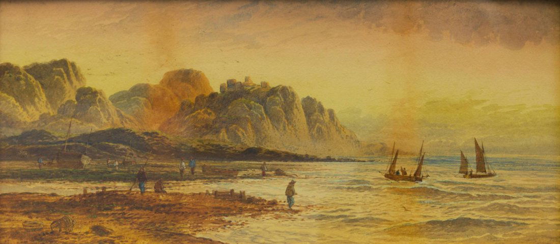 George Lennard Lewis (1826-1913), Küstenlandschaf: George Lennard Lewis (1826-1913), Küstenlandschaft mit Booten und Figurenstaffage, dat. 94, Aquarell, sign. L. Lewis, gerahmt, H 25 x B 54,5 cm