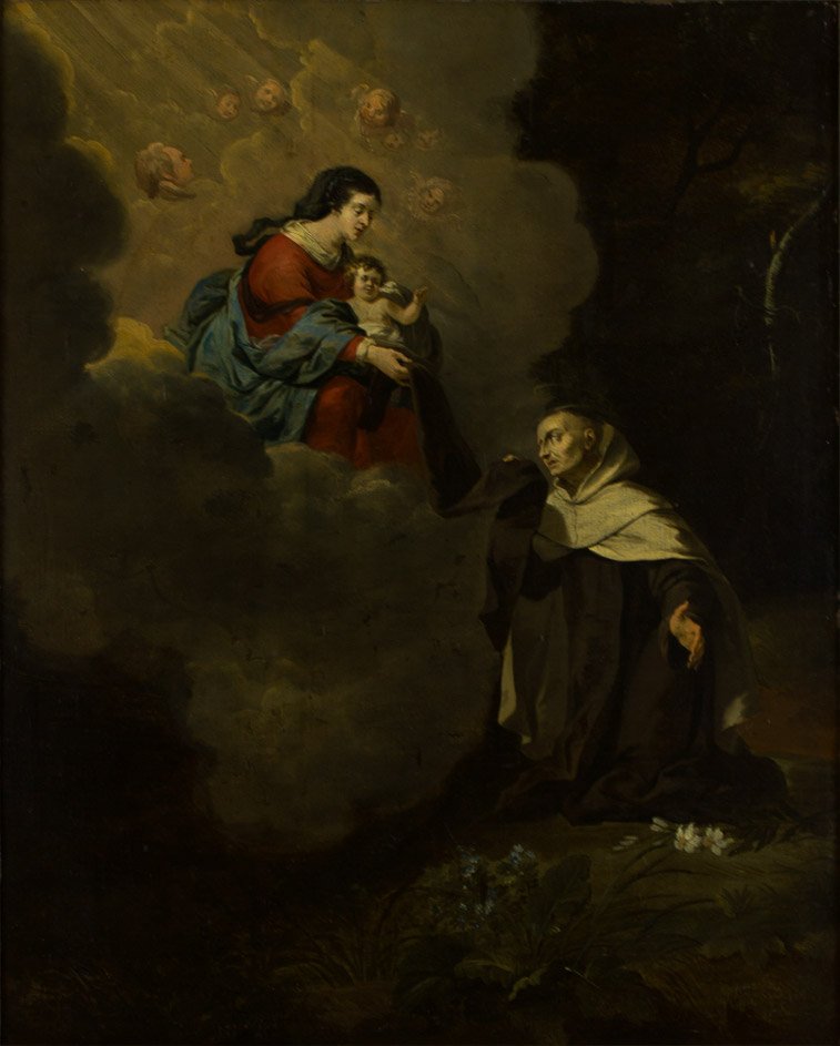 JUAN DE VALDS LEAL, attr.: JUAN DE VALDÉS LEAL, attr.* 1622 in Sevilla; † 1690 ebendaSpanischer Maler und Kupferstecher des BarockHeiliger Dominikus mit MarienerscheinungÖl auf Leinwand auf Holz, H. 87 x B. 7