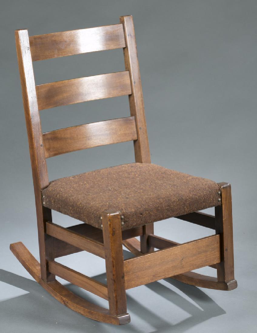Gustav Stickley Sewing Rocker #305 1/2, c.1906.: A Gustav Stickley sewing rocker #305 1/2. American, c.1906. With original finish & spring seat. Unmarked. 31 1/2"h x 16 1/4"w x 24 3/4"d.