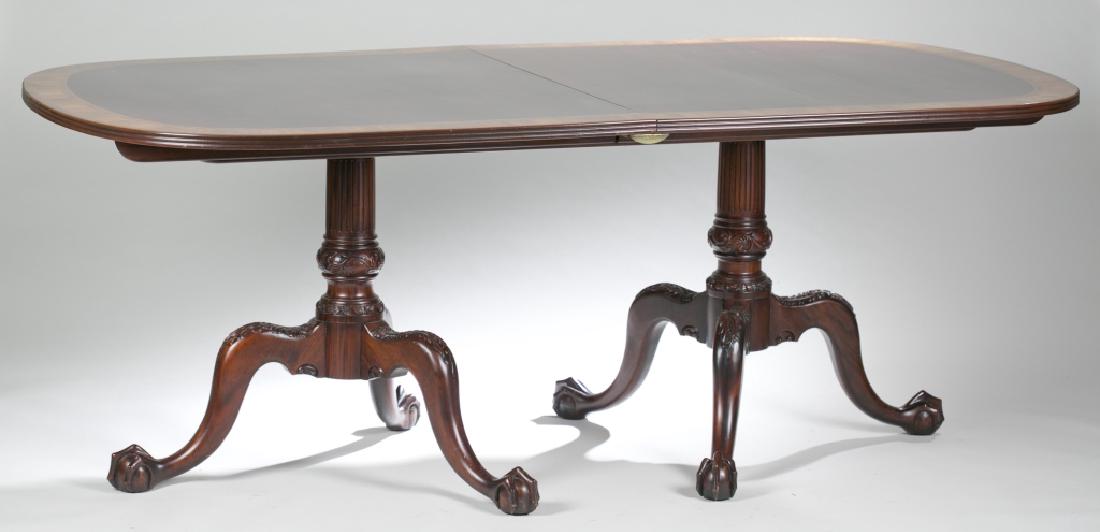 George III-Style Pediment Dining Table, 20th c.: George III-Style mahogany & inlaid satinwood pediment dining table, 20th century. Imported from England. By association, the maker also has provided furnishings for Queen Elizabeth II & Buckingham Pal