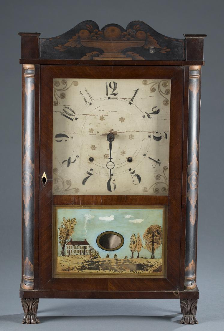 Eli Terry, Jr. Reverse-Painted Shelf Clock.: An Eli Terry, Jr. column & splat shelf clock, early-to-mid 19th century. Transitional mahogany veneered shelf clock with stenciled splat, painted wooden face with Arial numbers, half-turned columns wi