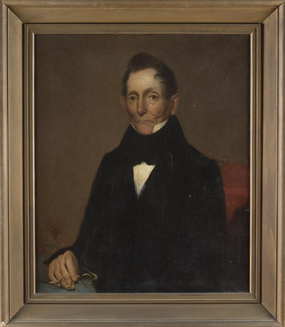 American School Portrait of John Edsall, 19th c.: American School portrait of John Edsall, early 19th century. Oil on canvas. Unsigned. 30" x 25"; frame: 37" x 32". With family provenance on back of frame.