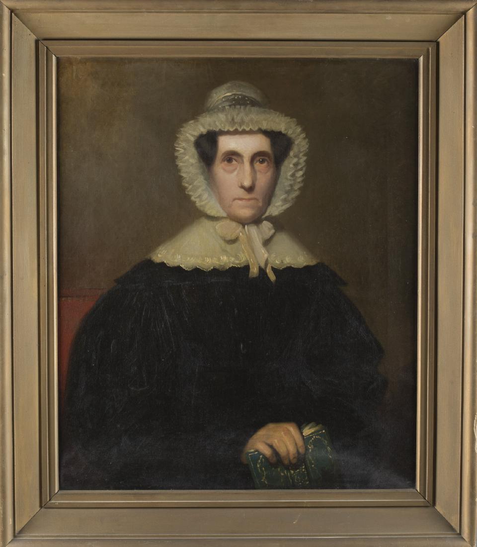 American School Portrait of Mary Thompson Edsall.: American School portrait of Mary Thompson Edsall, early 19th century. Oil on canvas. Unsigned. 30" x 25"; frame: 37" x 32". With family provenance on back of frame.