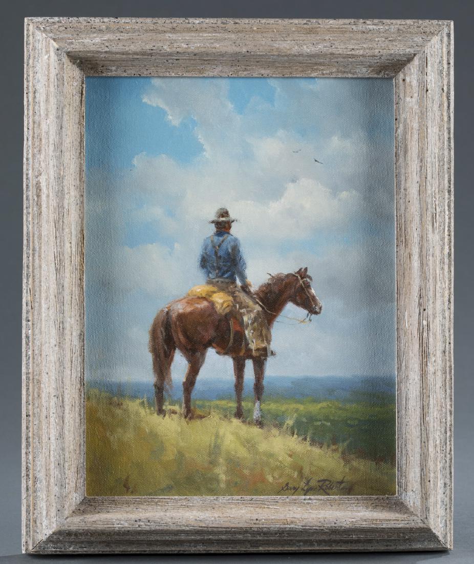 Gary Lynn Roberts (United States, b.1953).: Gary Lynn Roberts (United States, b.1953). "Cowboys Back from Dinner". Oil on canvas. Signed l.r. 12" x 9"; frame: 15" x 12".