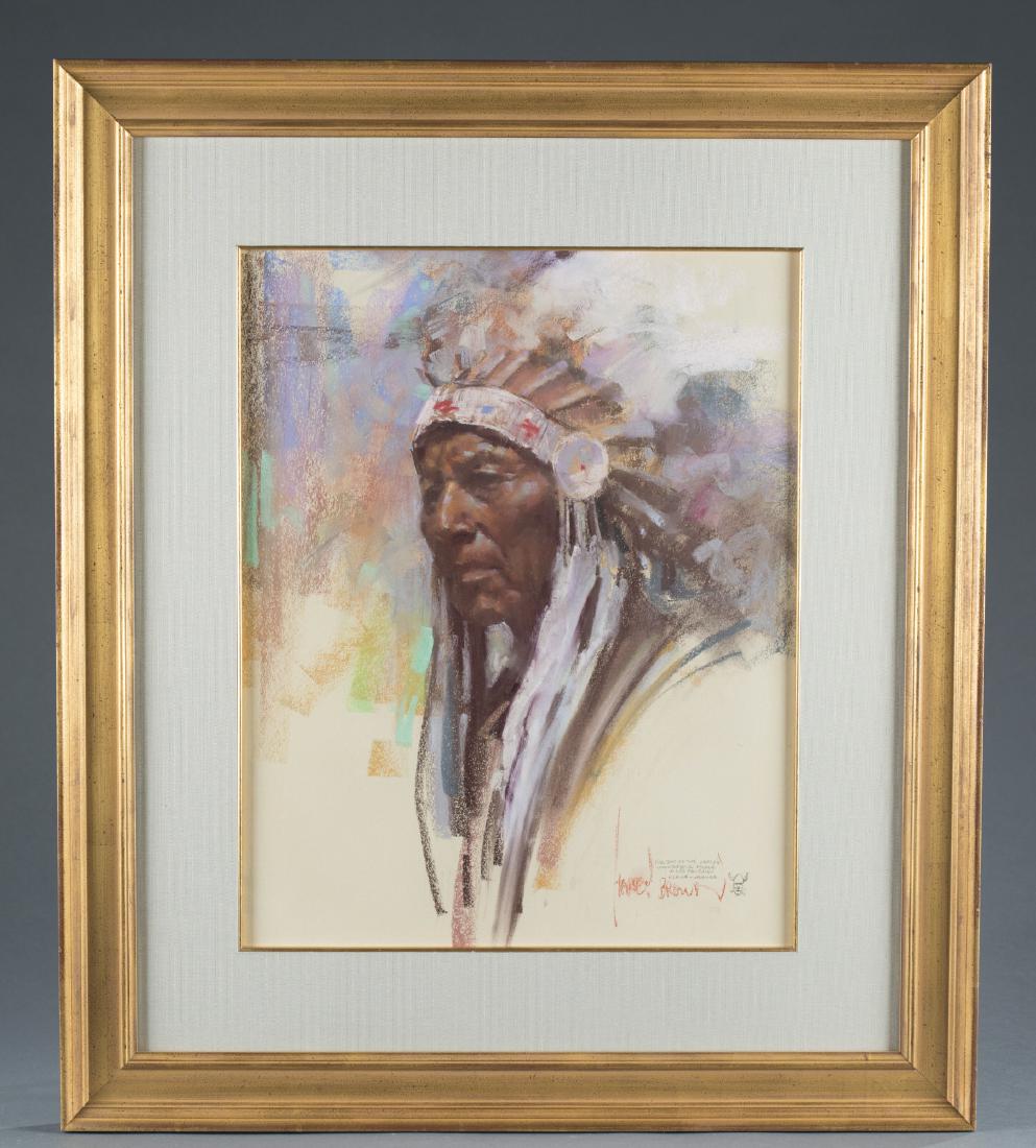 Harley Brown (United States, b.1939) Portrait.: Portrait of Native American chieftain. Pastel on paper. Signed l.r. with note - "For two of the world's wonderful people and friends Elaine and Werner." Sight: 19" x 15"; frame: 29 1/4" x 25 1/4". Fra