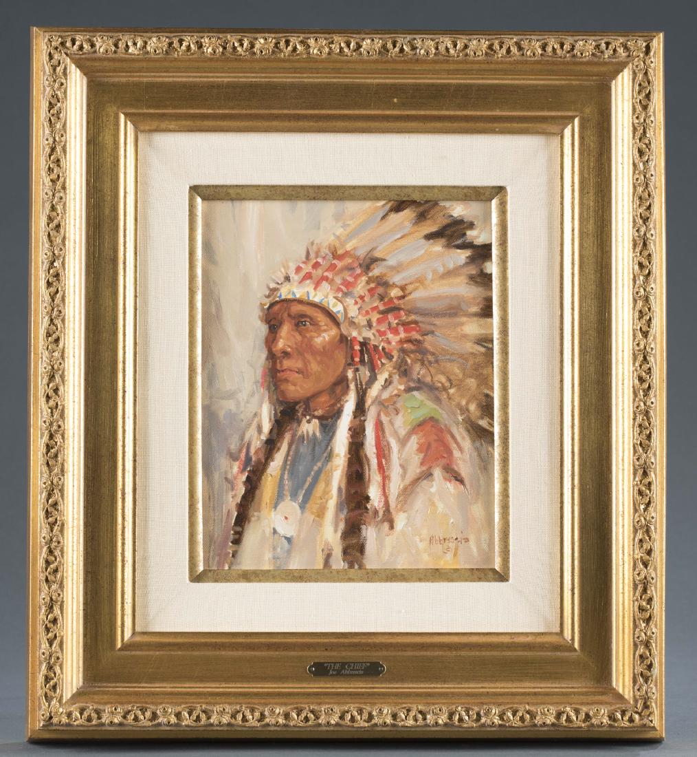 Joe Abbrescia (United States, 1936-2005) Portrait.: Joe Abbrescia (United States, 1936-2005). "The Chief". Oil on canvas. Signed l.r. 10" x 8"; frame" 18 1/2" x 16 1/2".