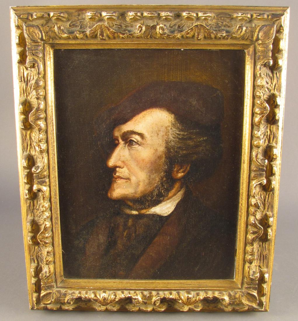 Portrait of Composer Richard Wagner, Late 19th c.: Portrait of German composer & conductor Richard Wagner, late 19th century. Oil on board. Unsigned. 17 1/2" x 12 7/8"; frame: 22 3/4" x 18 3/4".