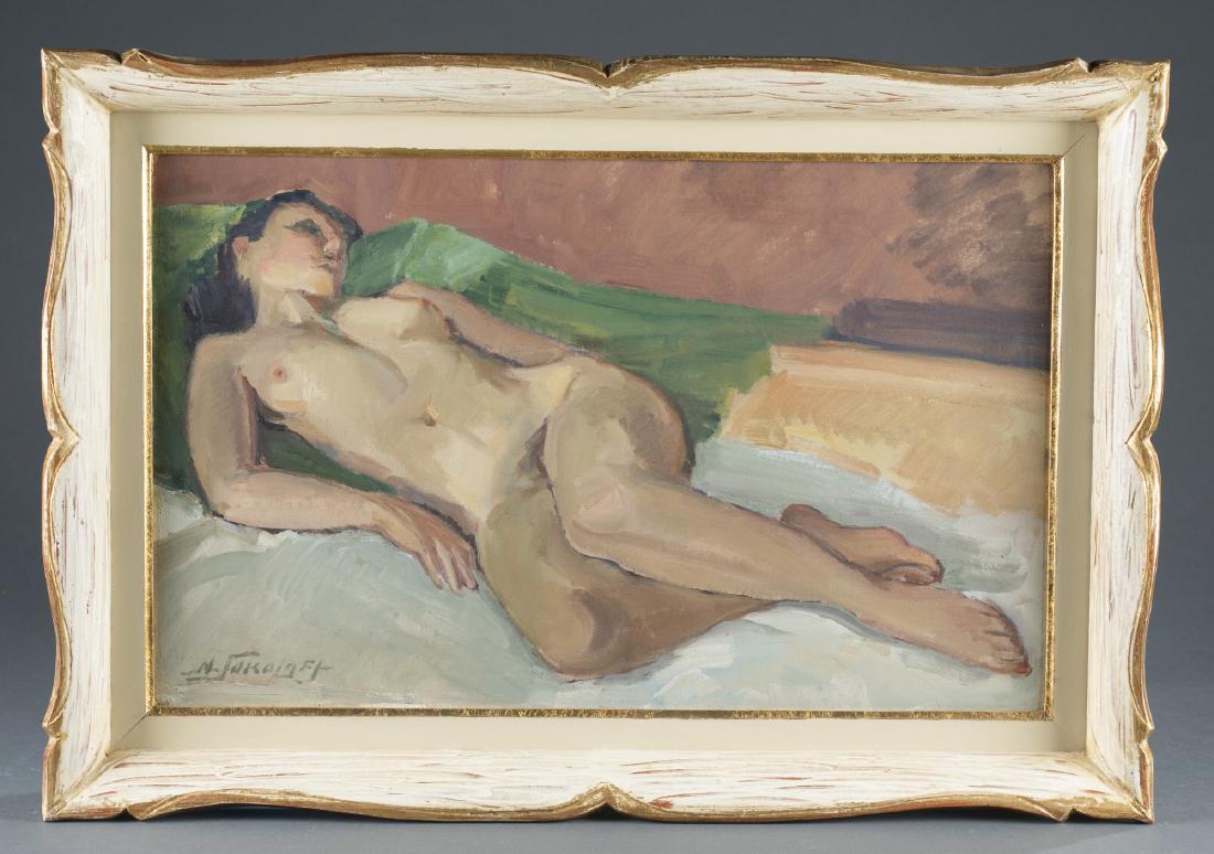 Nicolas Sokoloff (France, 1899-1985) Oil on Board.: Nicolas Sokoloff (France, 1899-1985). Reclining nude oil on artist board, c.1930s. Signed l.l. Illegible pencil writing on back of board. 15" x 24"; frame: 20" x 29".