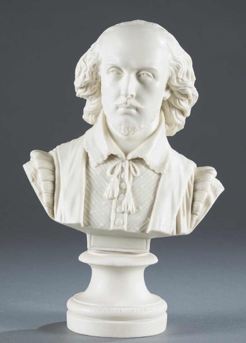 Copeland Parian Ware Shakespeare Bust, c.1864.: March 1864. Impressed signature, date & company mark on reverse. Impressed on base, "Crystal Palace Art Union." 13 3/4" h. Chipping to socle.
